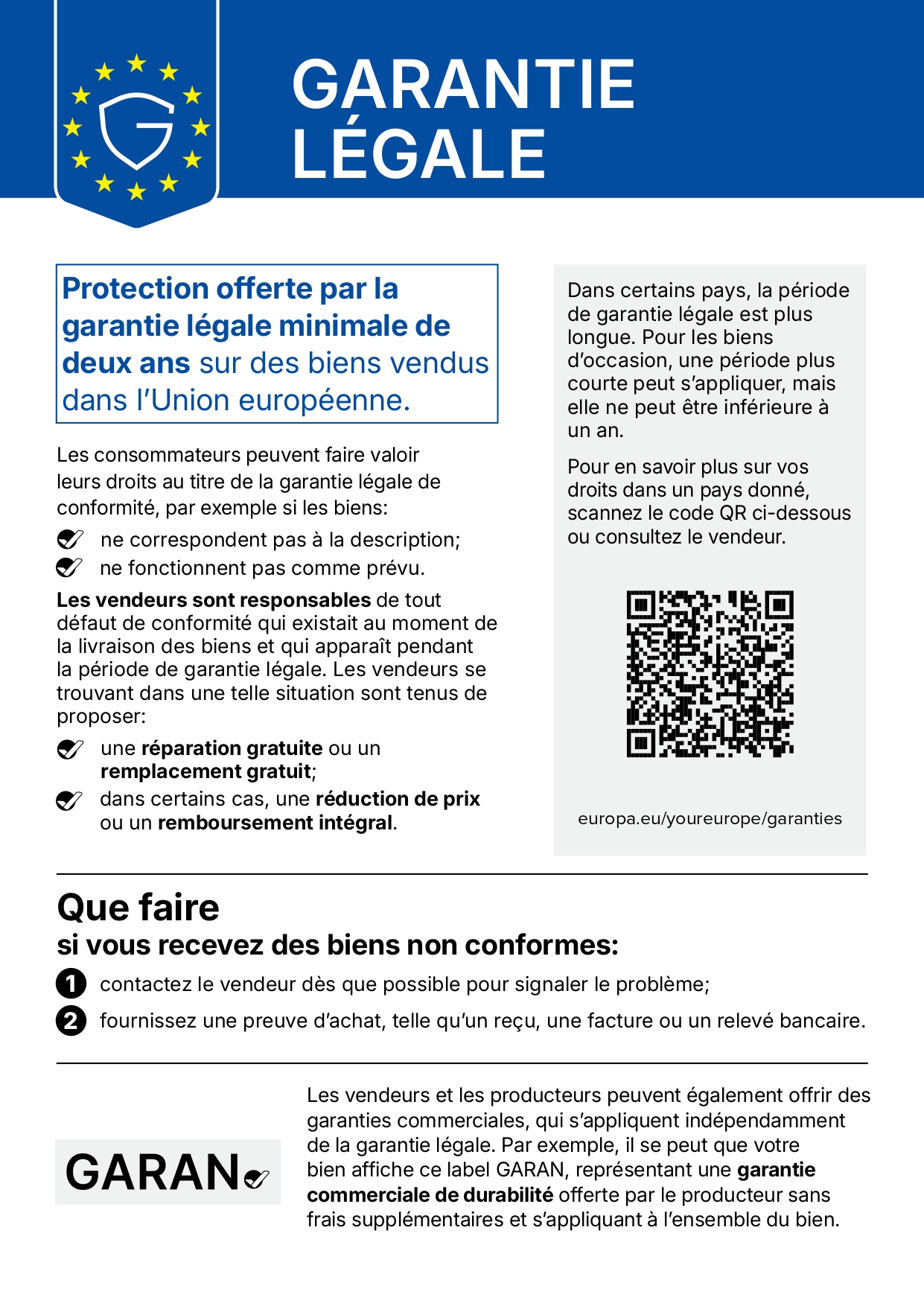 Notice relative aux droits au titre de la garantie légale
